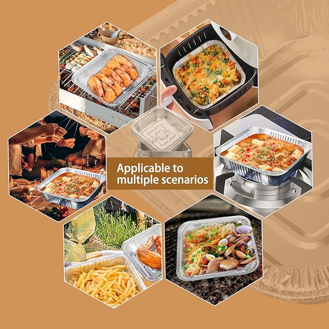 Non-Stick Disposable Air Fryer Aluminum Foil Liners Square 50PCS, Oil-Proof Aluminum Foil Tin Box Also for Steamer Basket Instant Pot Oven & Grill (7 * 7 Inch-Square)