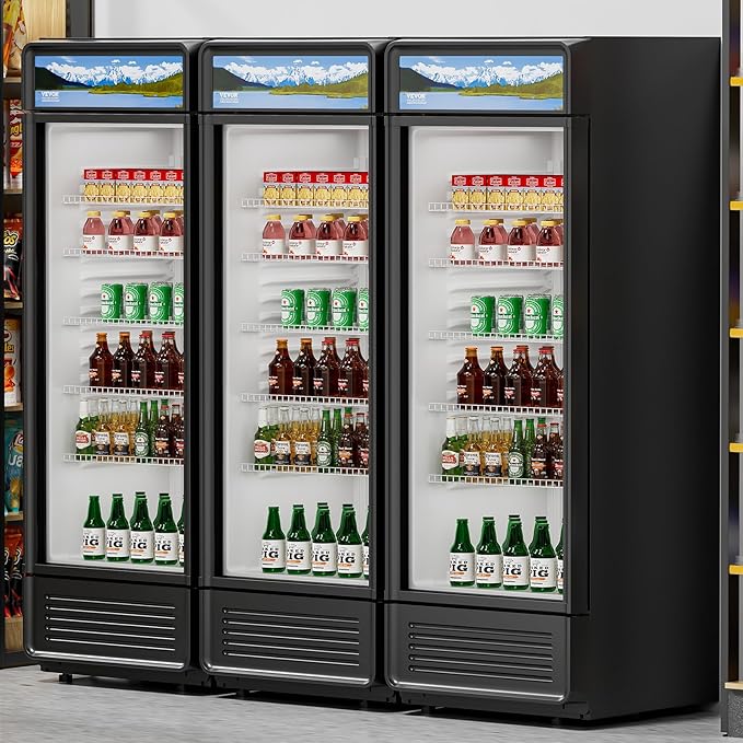 VEVOR Commercial Merchandiser Refrigerator, 12.2 CU.FT Glass Door Display Refrigerator, Beverage Cooler Merchandiser with Adjustable Shelves, Soft LED Light, Customizable Lightbox, Black