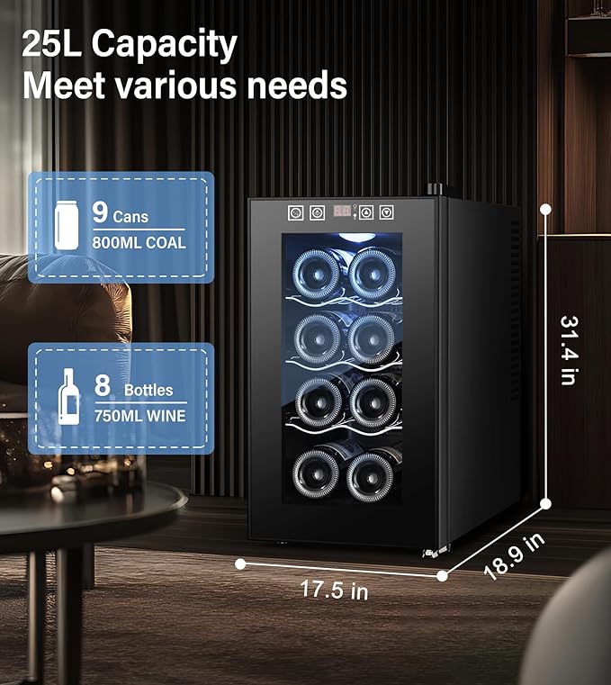 8 Bottle Beverage Refrigerator Mini Wine Cooler with Fast Cooling Thermoelectric Wine Cabinet Cellar for Women Men Gifts Bar Apartment