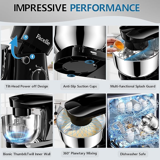 Facelle Stand Mixer, 10-Speed 6QT Kitchen Electric Mixer, Tilt-Head Food mixer with Beater, Dough Hook, Wire Whip and Egg Separator, scraper for Most Home Cooks (Black)