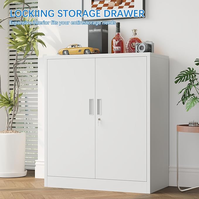 BESFUR Metal Storage Cabinets, Steel Locking Cabinet with 2 Shelves and Doors, White Garage Cabinet for Home Office, School, Garage, Utility Room, and Basement