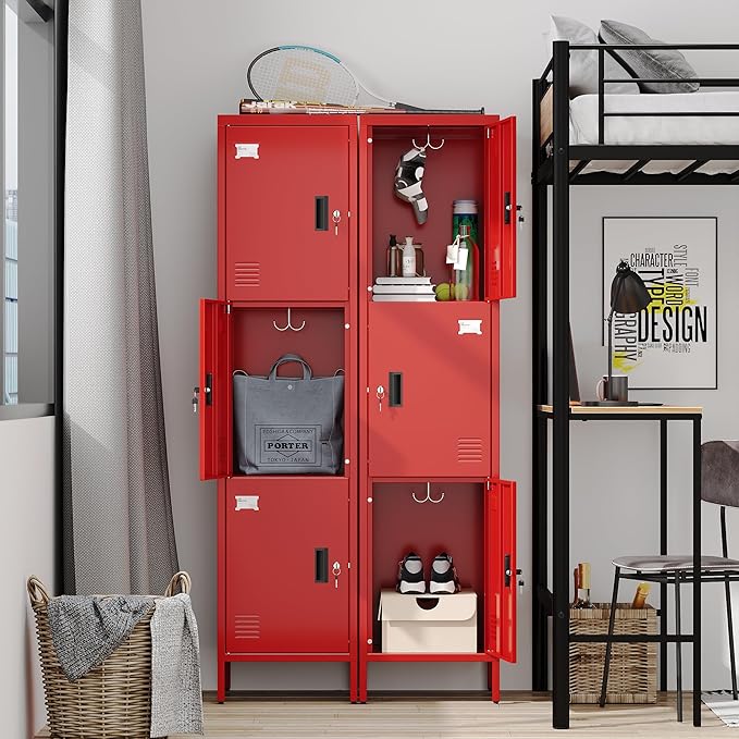 METAN Metal Storage Employees Lockers with 3 Lockable Doors and Hooks,66''H*16''W*16''D Locking Storage Cabinets for Small Spaces,Home,School,Gym,Assembly Required,Red