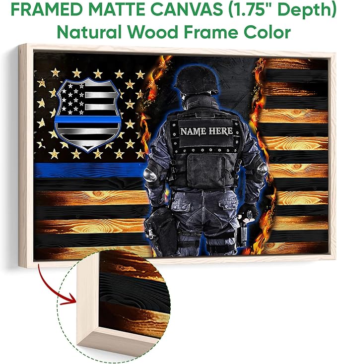 Personalized Police Poster & Framed Canvas, Proud Thin Blue Line Flag Patriotic Home Office Decor, Custom Name Bedroom Living Room Aesthetic Wall Art Gift For Policeman, Law Enforcement