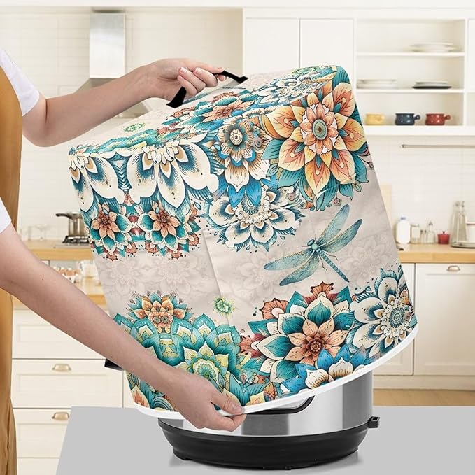 TODIYADDU Blue Dragonfly Instant Pot Cover for 8 Quart Instant Pot Boho Mandala Flower Kitchen Appliance Dust Cover with Handle