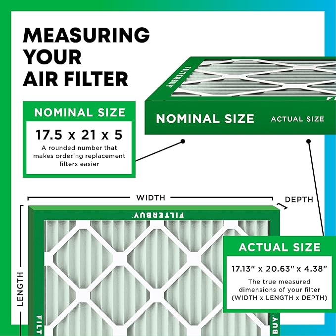 Filterbuy 17.5x21x5 Air Filter MERV 13 Optimal Smoke & Allergy Defense (2-Pack), Electrostatic Pleated HVAC AC Furnace Filters for Rheem, Ruud, and Protech (Actual Size: 17.13 x 20.63 x 4.38)