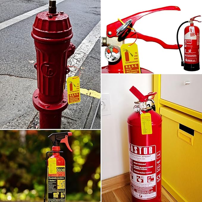 Outus 50 Sets Fire Extinguisher Tags with Adjustable Wire Ties 4.2 x 2.1 Inch Monthly Inspection Waterproof Tags Extinguisher Recharge and Inspection Record for Indoor Outdoor(Red and Yellow)