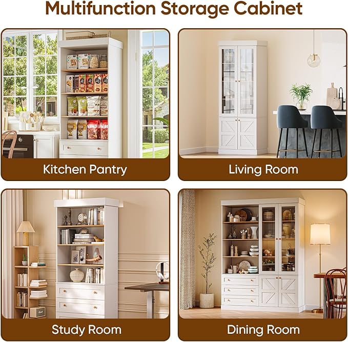 Vyre 71" Tall Farmhouse Kitchen Pantry, Large Storage Cabinets with Glass Doors, Hutch Cabinet with 3 Drawers, Adjustable Shelves for Living Room, Dining Room