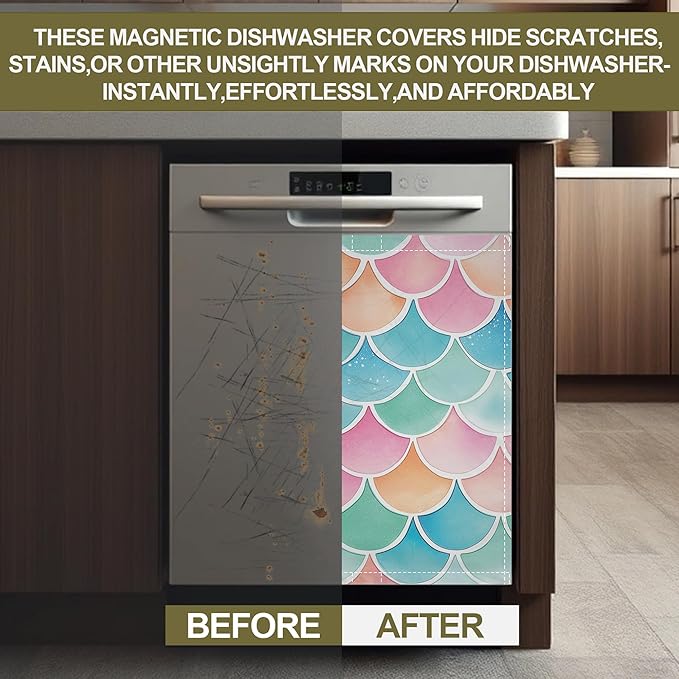 Dishwasher Magnet Cover,Mermaid Scale Colorful Dishwasher Cover Magnetic Home Appliances Refrigerator Decorative 23" x 26"