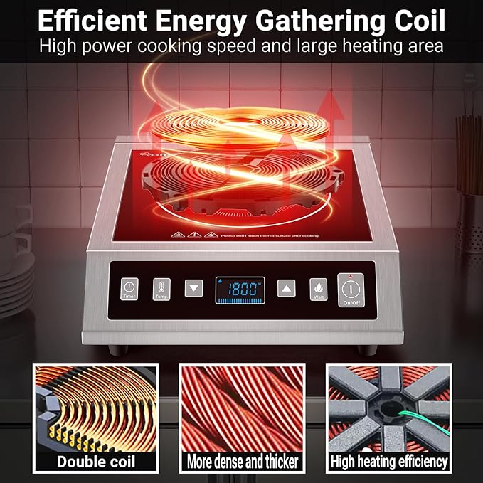 AMZCHEF Induction Cooktop Commercial, Professional Portable Burner, 1800W Countertop Stove Burner with ETL-Certified Induction Hot Plate 3 Hours Timer,8 Temperature & Power Levels,LCD Screen