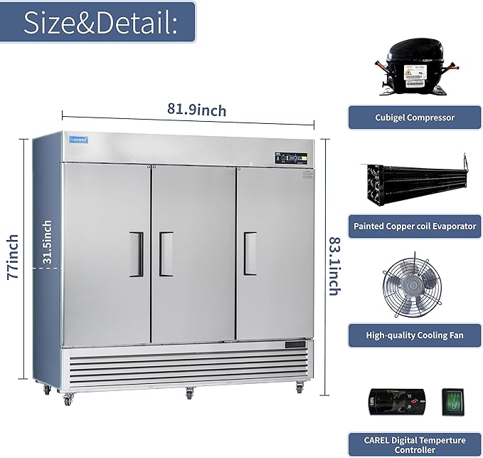 ICECASA 82" W Commercial Refrigerator Reach-in 72 Cu.ft 3 Solid Door Stainless Steel Commercial Refrigerator Fan Cooling for Restuarant, Bar, Shop, etc