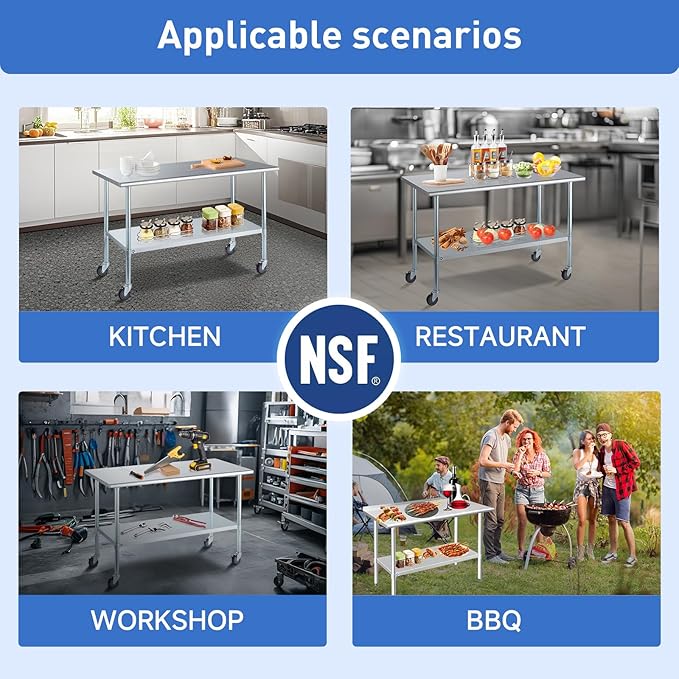 ROCKPOINT Stainless Steel Table for Prep & Work with Caster Wheels 30x48 Inches, NSF Metal Commercial Kitchen Heavy Duty Table with Adjustable Under Shelf and Table Foot for Restaurant, Home and Hotel