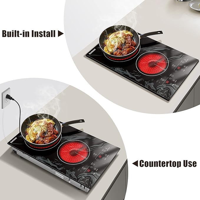 Karinear Portable Electric Cooktop 2 Burners, 110v Plug in Electric Stove Top, Countertop Use or Built-in Install, 12'' Ceramic Cooktop with Beautiful Wave Patterned