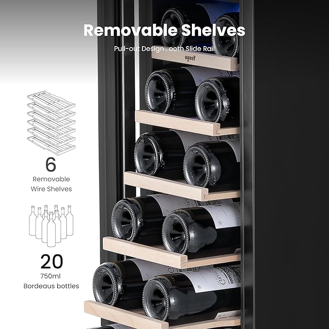 Yeego 12 Inch Wine Fridge Cooler - 23 Bottles Wine Cooler with Glass Door, 40-65℉ Built-In or Freestanding Refrigerator, Under Counter Wine Fridge for Kitchen Bar Office (Left-Hinged)