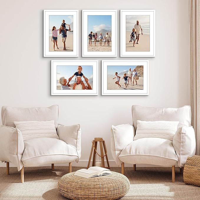 Americanflat 16x22 Picture Frame with Polished Plexiglass - Set of 5 - Use as 12x18 Frame with Mat or Display 16x22 Photo Without Mat - Galleria Collection - Picture Frames for Wall Display - White