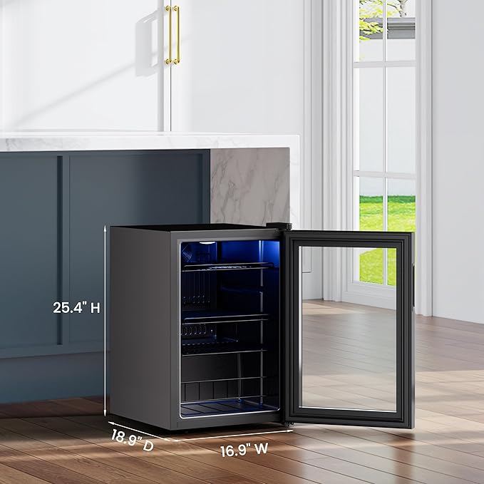 Yeego Beverage Refrigerator Cooler, 85 Cans Drink Mini Fridge with Glass Door for Soda, Beer or Wine, Beverage Cooler with Digital Temperature Control from 34°F to 54°F for Home, Office or Bar (Black)