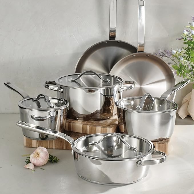 Tramontina Tempo Tri-Ply Base Stainless Steel 10-Piece Cookware Set with Glass Lids, Pots and Pans Kitchen Set, Induction-Ready, Oven-Safe, Dishwasher-Safe