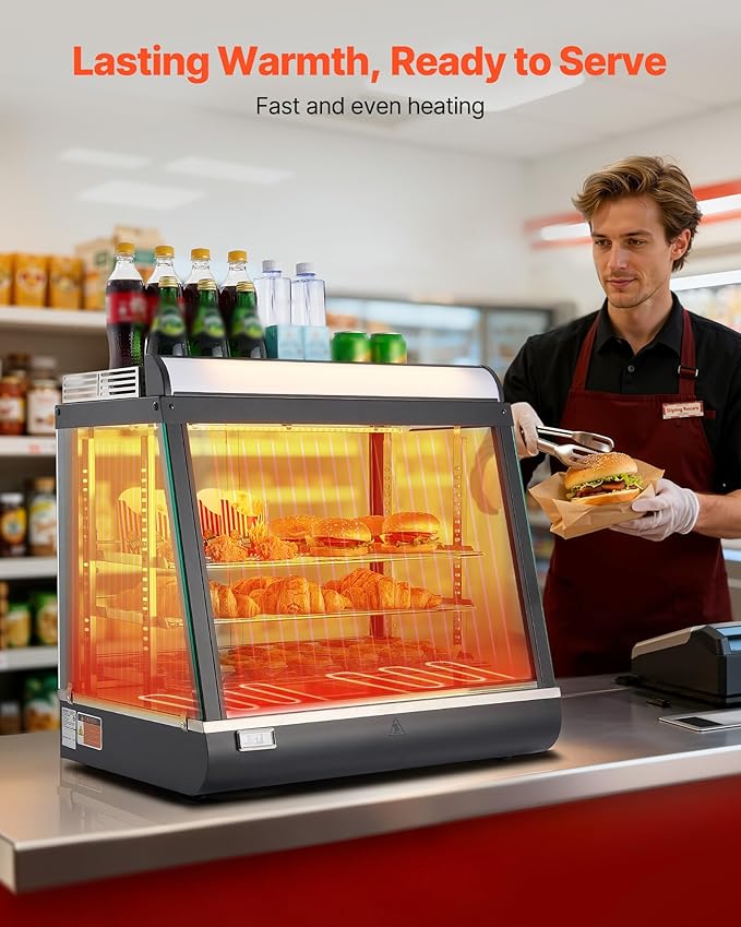 VEVOR 3-Tier Commercial Food Warmer Display, 1200W Food Display Warmer with LED Light, Top Storage and Adjustable Shelves, 86℉~185℉ Steam Heating, 75L for Hamburger, Pizza, Bread, Fried Chicken