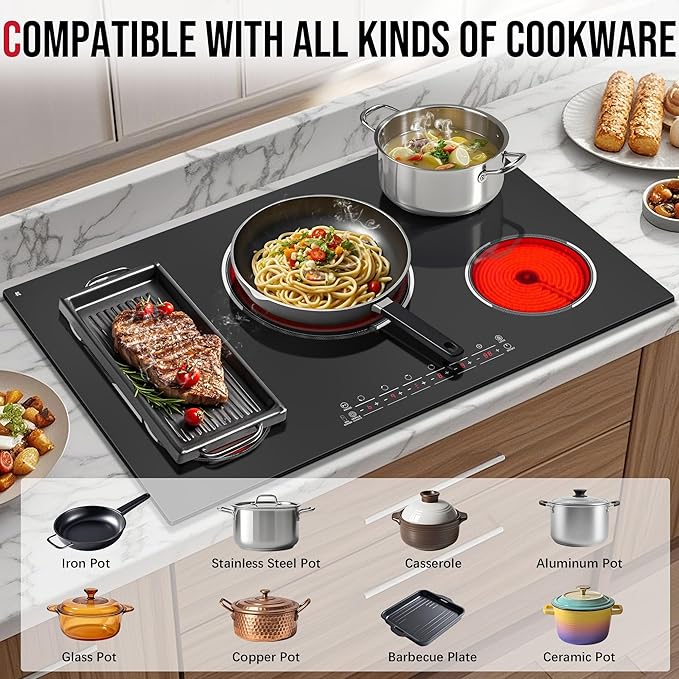 5 Burner Electric Cooktop, 36 Inch Electric Stovetop 9600W, Built-in Ceramic Hob with BBQ Burner, Touch Control, Child Safety Lock, Timer, Pause, 220-240V, Hard Wire, No Plug