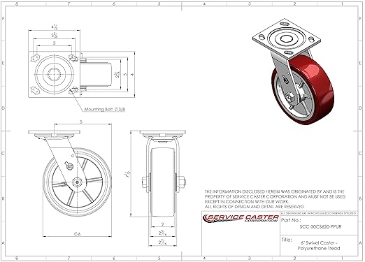 Service Caster Brand Replacement Caster for Uline Caster H-4942S - Swivel Top Plate Caster with 6 Inch Polyurethane Wheel - Heavy Duty Replacement Caster - Fits Platform, U-Boat and Trucks H-6126