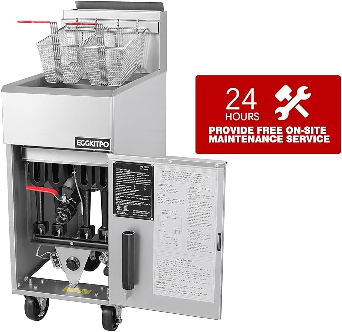 EGGKITPO Commercial Natural Gas Fryer 120,000 BTU 4 Burners Floor Standing Fryer CSA Certified Stainless Steel Deep Fryer with 2 Baskets 50 lb Capacity for Restaurant and Business