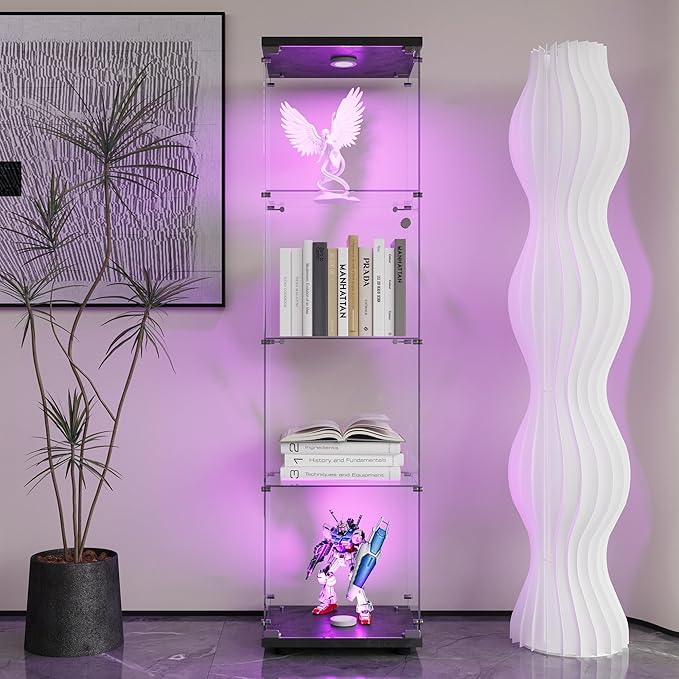 Yoluckea 4 Shelves Glass Display Cabinet with LED Light and Door, Floor Standing Clear Glass Curio Cabinet Collection for Living Room Bedroom 64.7”x16.7”x 14.3” Black(Upgrade Assembly)