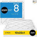 Simply 10x25x1 Air Filter, Merv 8, 6 Pack, For Home AC Furnace & HVAC (Actual Size: 9.75"x24.75"x0.75") DUST, Pet, & Allergy Control