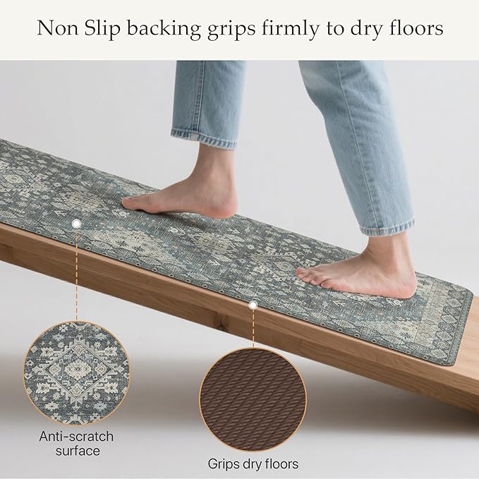 GENIMO Kitchen Mats for Floor, 2PCS Kitchen Rugs Non Slip Washable, Waterproof Anti Fatigue Mat, Comfort Standing Runner Rug for Sink, Office, Laundry, Home, 17.3"x59"+17.3"x30", Slate Blue