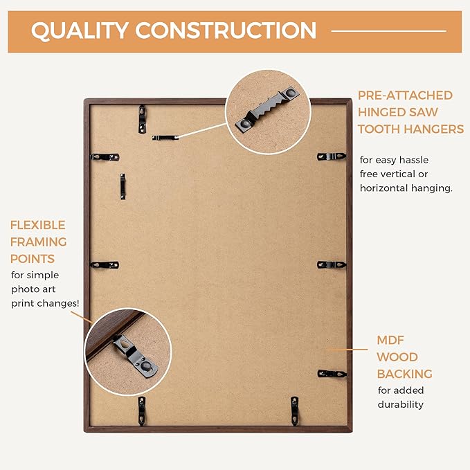 Axeman 16 x 20 Walnut Frame - Rounded Corner 16x20 Picture Frame Matted to 11x14 - Natural Walnut Wood Photo Frame with Tempered Glass for Wall Mount Display