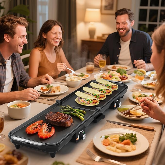 Sunvivi Electric Griddle Flat Grill: Indoor Grill with 2 Adjustable Temp Knobs, Nonstick Cooking Plate, Large Grill Pan with Drip Tray, 2 Cooking Zone (17.5'' x 9''), Easy to Clean