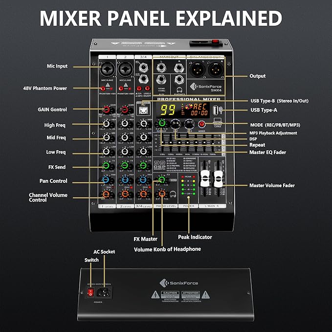 4 Channel Audio Mixer, 99 DSP Sound Board Console with 48V Phantom Power, Professional DJ Mixer for Podcasting, Streaming, Studio Recording (SMX4)