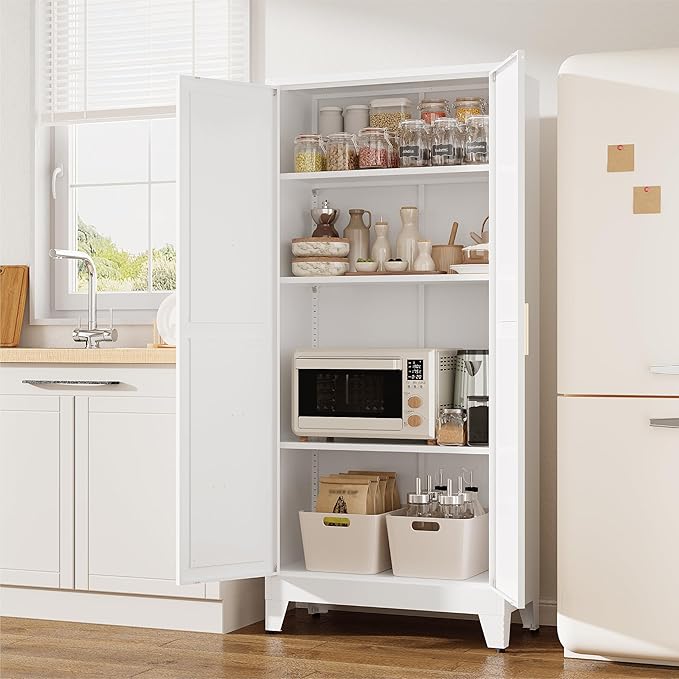 61" Tall Pantry Cabinet, White Metal Pantry Storage Cabinet, Kitchen Pantry Storage Cabinets with 2 Door and 3 Adjustable Shelves (White, 61" H)