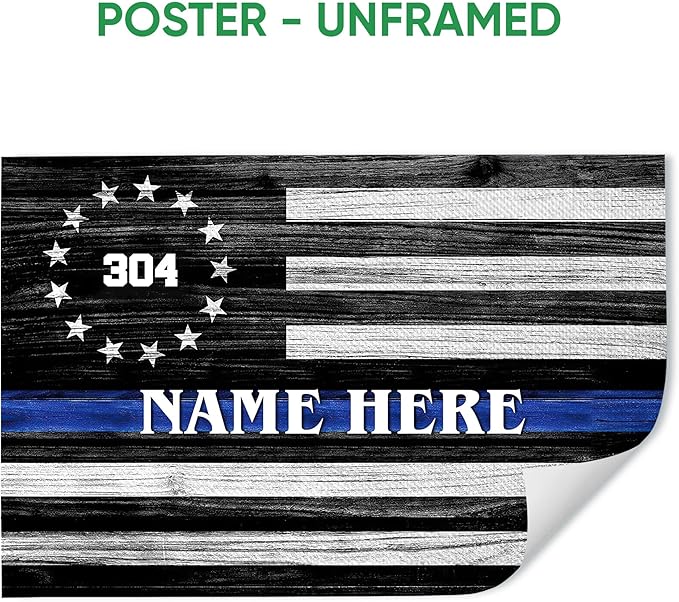 Personalized Police Poster & Framed Canvas, Thin Blue Line Flag Home Office Decor, Custom Name Bedroom Living Room Aesthetic Wall Art Gift For Policeman, Law Enforcement
