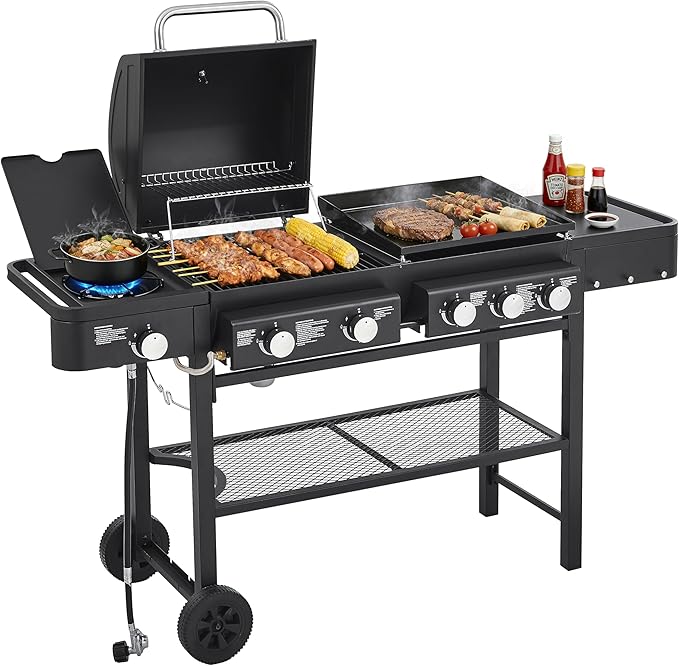 5 Burner Propane Gas Grill with Grilling & Griddling, 56,000 BTU Gas Grill with Side Burner, BBQ Grill with Stainless Steel Frame, 745 Sq In Cooking Area for Patio Backyard, Patio