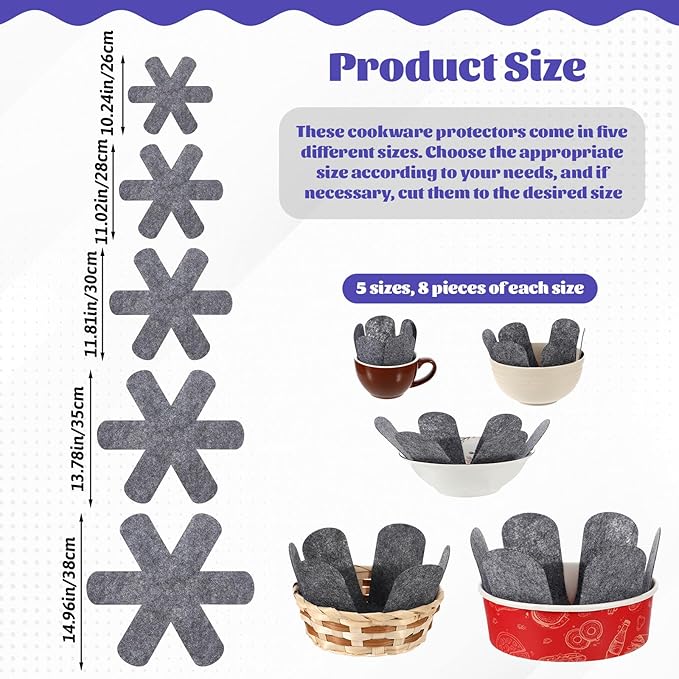 40 PCS Pot Protectors, 5 Different Sizes Pot and Pan Protectors Non-Slip Pan Separators for Stacking Scratch-Resistant Larger and Thicker for Stacking and Separating Cookware-Grey