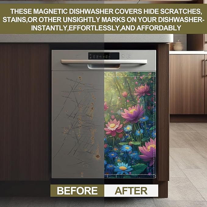 Fantasy Garden Dishwasher Magnet Cover,Colorful Flowers Kitchen Decor Waterproof Refrigerator Magnet Appliance Cover Protector,23Wx26H Inches