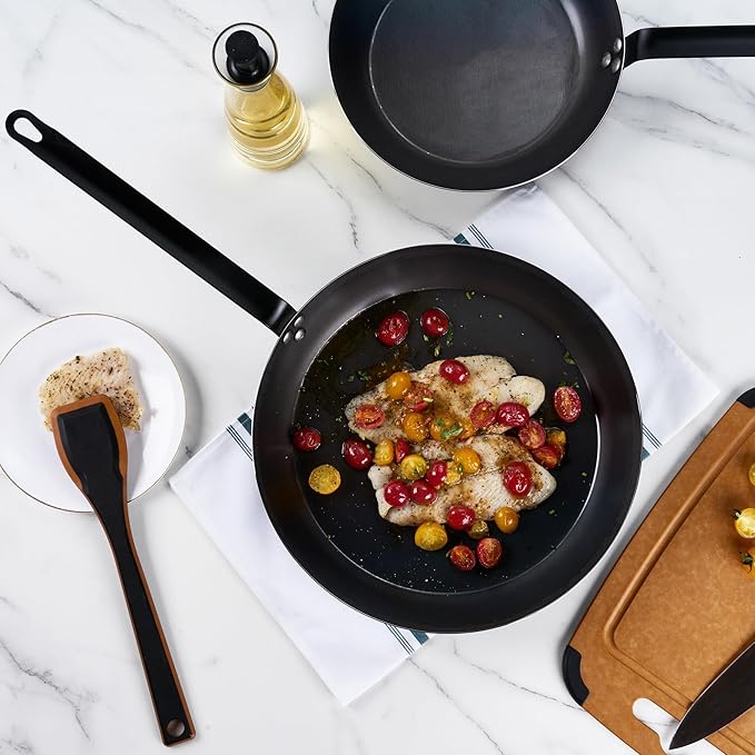 Restaurantware-Met Lux 14 Inch Fry Pans, 6 Lightweight Frying Pans - Induction-Ready, Triple-Riveted, Black Carbon Steel Cooking Skillets, Durable, For Searing, Sauteing, And Browning Food