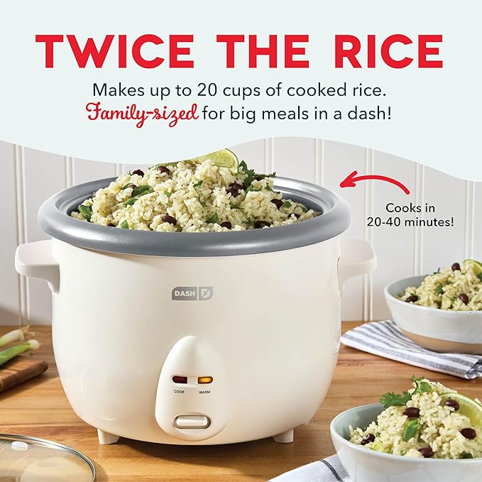 DASH Family Rice Cooker with Removable Nonstick Pot, Keep Warm Function & Recipe Guide, 20 Cup Capacity for Rice, Grains, Soups & Stews – Cream