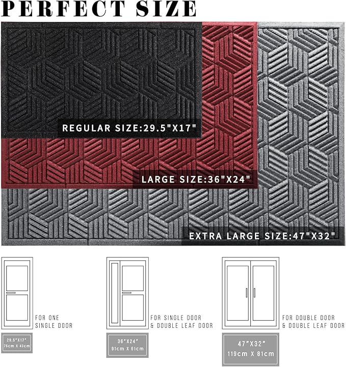 Yimobra Large Door Mat 36x24, All-Season Waterproof Outdoor Mats for Front Door Entrance with Drainage Holes, Heavy Duty Non-Slip Doormat for Garage Patio Entryway Indoor, Black Gray