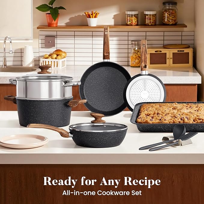 Kitchen Academy 17-Piece Induction Cookware Set, Nonstick Black Granite Pots and Pans