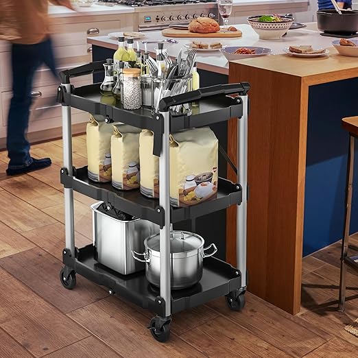 YITAHOME 240LBS Folding Utility Cart with Wheels, 3 Tier Foldable Service Cart Collapsible Rolling Cart with 360° Swivel Wheels (2 with Brakes), Portable Tool Cart for Home Garage Restaurant Office
