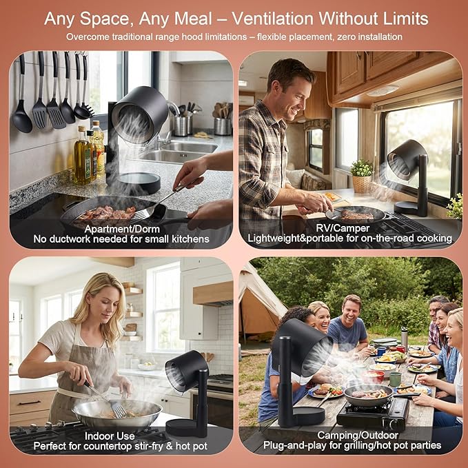 Portable Range Hood - 3-Speed Tabletop Kitchen Exhaust Fan with Removable Aluminum & Triple Polymer Filters, Adjustable Height, Low Noise & Oil Cup for RV, Camping, Indoor Grilling & Hot Pot