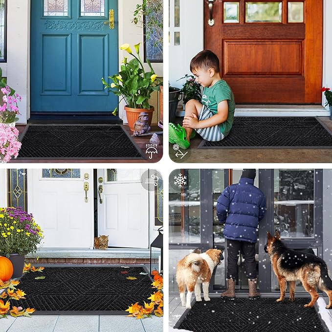 Smiry Front Door Mat Outside Entrance, Heavy Duty Sturdy Natural Rubber Doormat, Trap Dirt and Moisture, Easy Clean Low Profile Mats for Indoor Outdoor Entry, Irregular Triangle (59x30, Black)