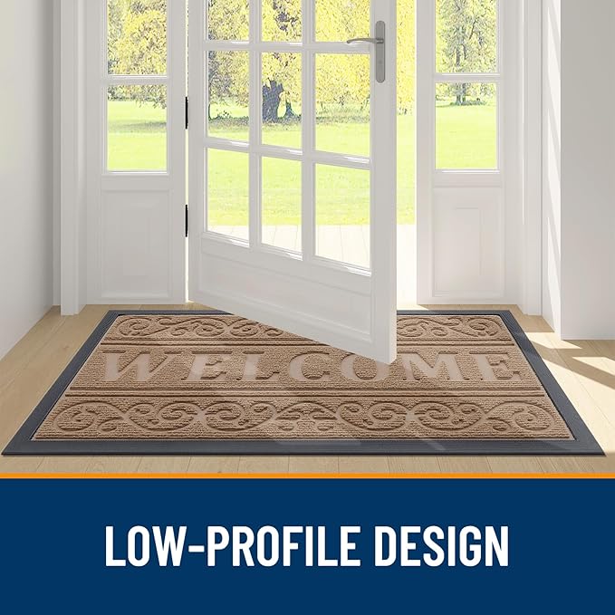 OLANLY Welcome Door Mat Indoor Outdoor Entrance, Heavy Duty Sturdy Front Door Mat, Waterproof All-Weather Doormat, Stain Resistant, Low Profile, Easy Clean Patio Entryway Mat, 29.5 x 17, Light Brown