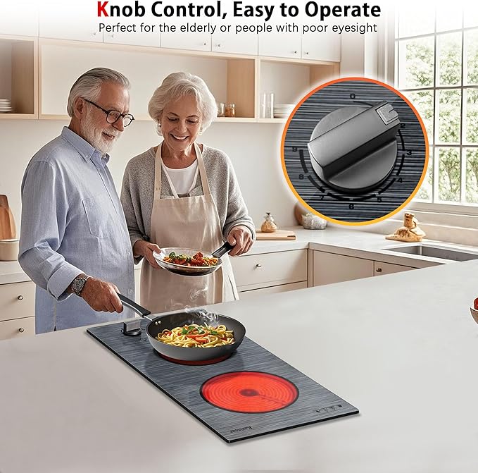 Karinear 2 Burners Electric Cooktop, 110v Electric Stove Top Knob Control, Built-in Countertop Ceramic Cooktop with Beautiful Woodgrain Pattern Glass Surface, 110v Outlet Plug