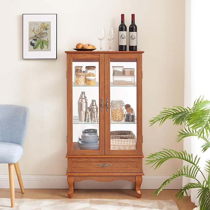 49" H Lighted Curio Cabinet Display Case, Glass Curio Cabinet with Adjustable Shelves,Tempered Glass Door and Drawer, Wooden Cabinets w/Mirrored Back Pane for Living Room (Oak)