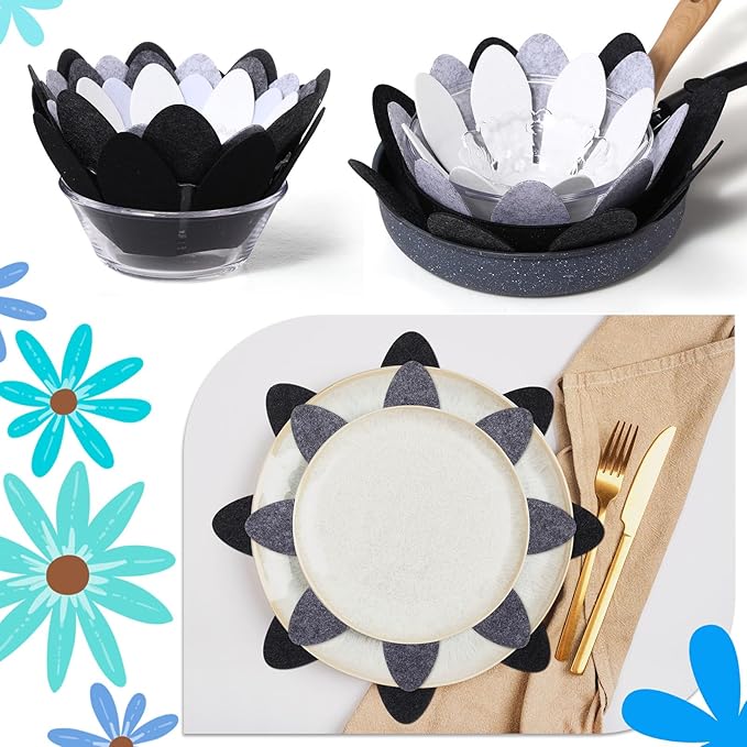 Queekay 12 Pcs Felt Pot and Pan Protectors 12/14/16 Inch Larger Thicker Pan Protector Pads, Colorful Pot Separators for Stacking Cookware Organizing Protecting(Black Gray)