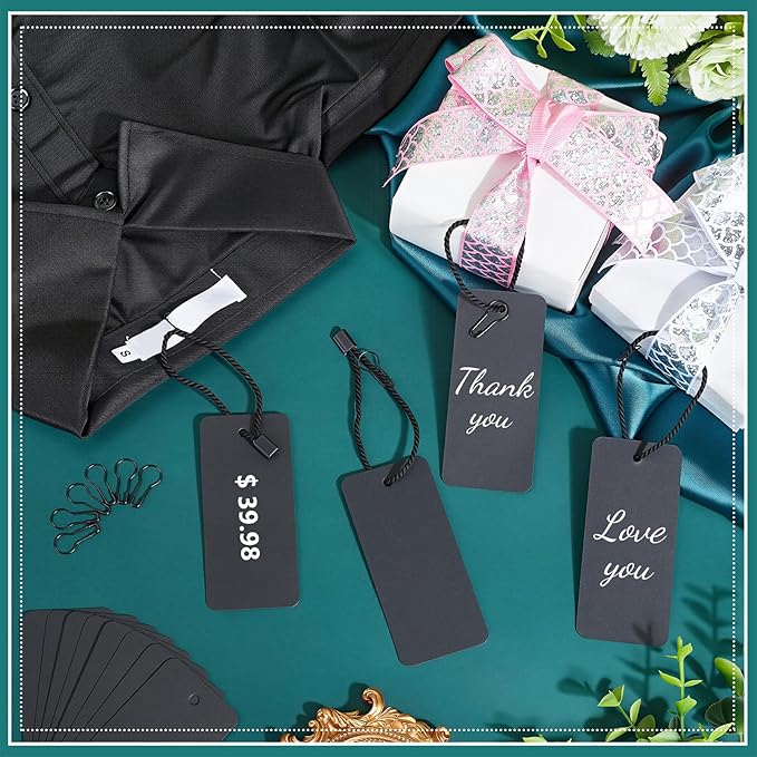 1000 Set Black Price Tags with String, 3.54x1.57Inch Clothing Tags with Safety Pins Writable Label Hang Tag Blank Marking Tag for Clothes Crafts Display Arts Gift Wrapping