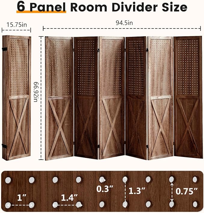 6 Panel Pegboard Room Divider, 5.6Ft Pegboard Display Folding Privacy Screens, Wood Room Divider Peg Board Display Freestanding for Trade Show Craft Show Home Wall Organizer, Brown