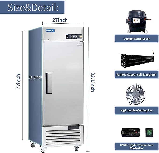 ICECASA 27"W Commercial Freezer Reach-in 23 Cu.ft Single Solid Door Stainless Steel Commercial Freezer Fan Cooling for Restuarant, Bar, Shop, etc