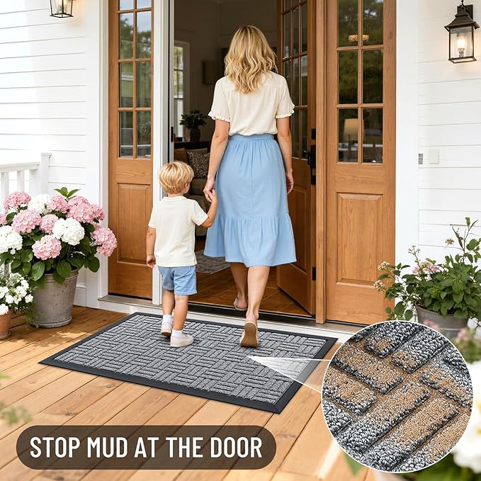 OLANLY Front Door Mat Outside Entrance 47x17, Absorbent, Heavy Duty Sturdy Natural Rubber Doormat Indoor Outdoor, Non-Slip, Stain and Fade Resistant, Low Profile Floor Mat for Entryway, Charcoal Gray